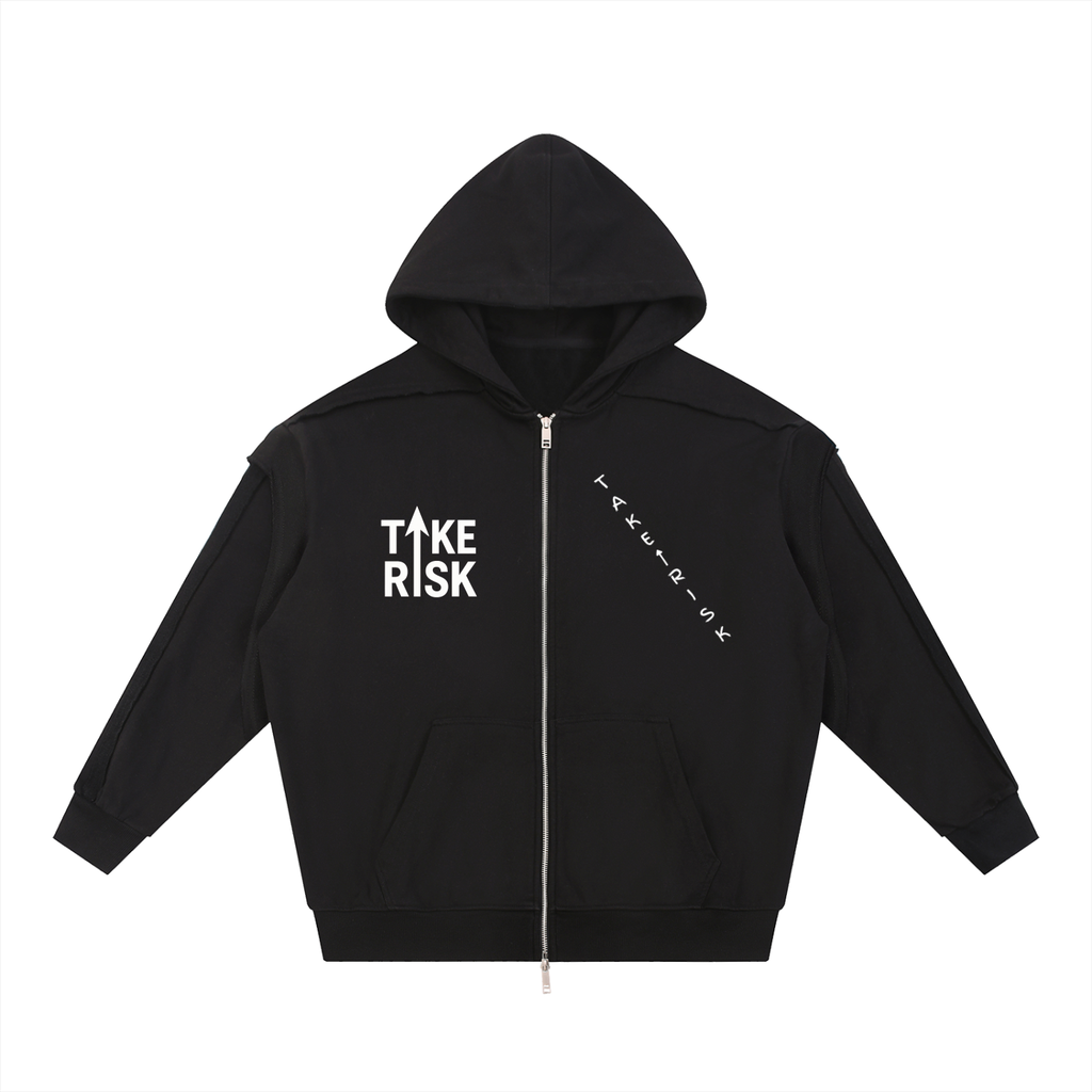 Contrast Tape Raw Edge Double Layered Zip Hoodie