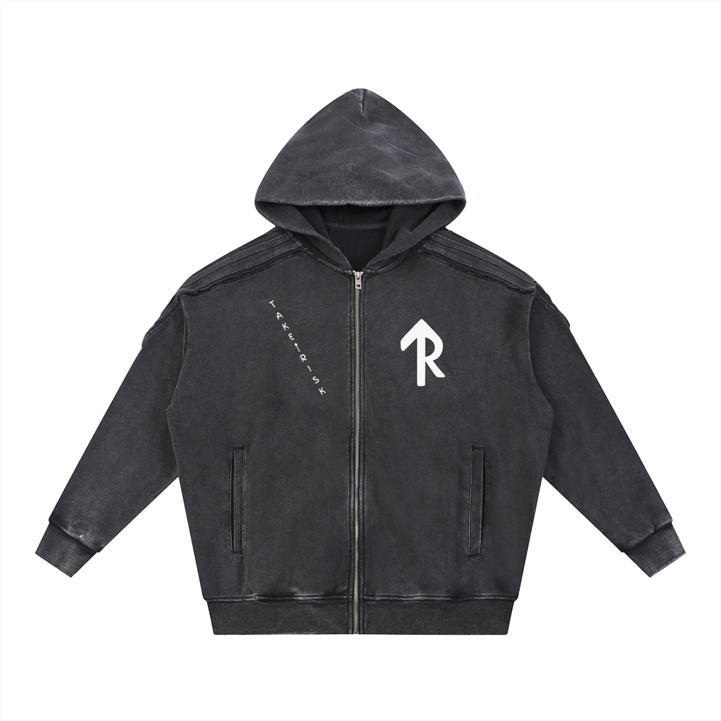 Snow Washed Tape Raw Edge Zip Hoodie